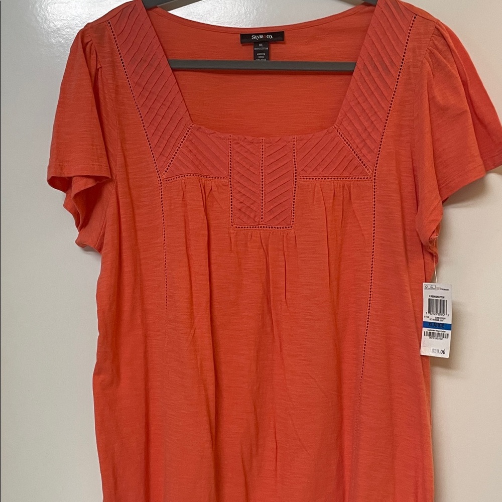 Style&Co S.C. Orange Kiss short sleeve Blouse with square neckline.